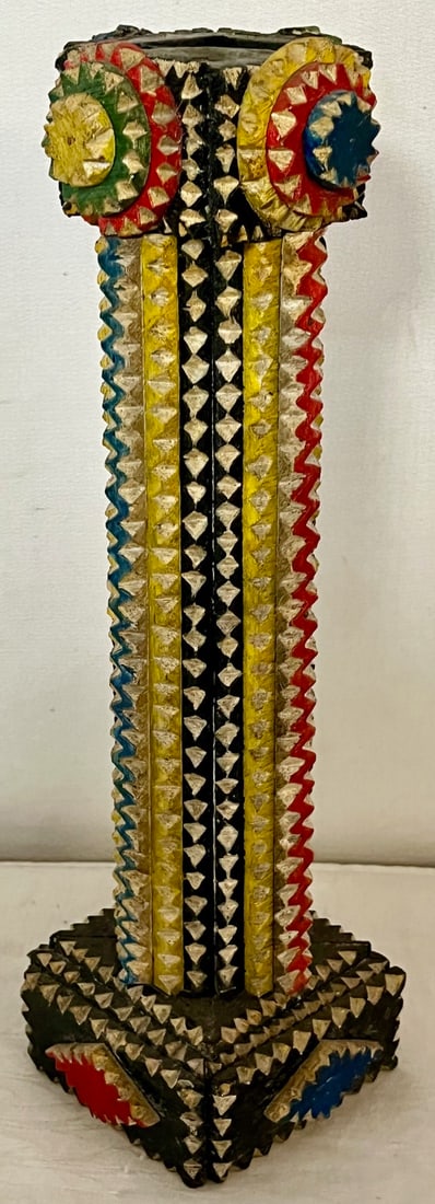 13" MULTI-COLOR PAINT DECORATED TRAMP ART PEDESTAL / CANDLESTAND (1 of 13)