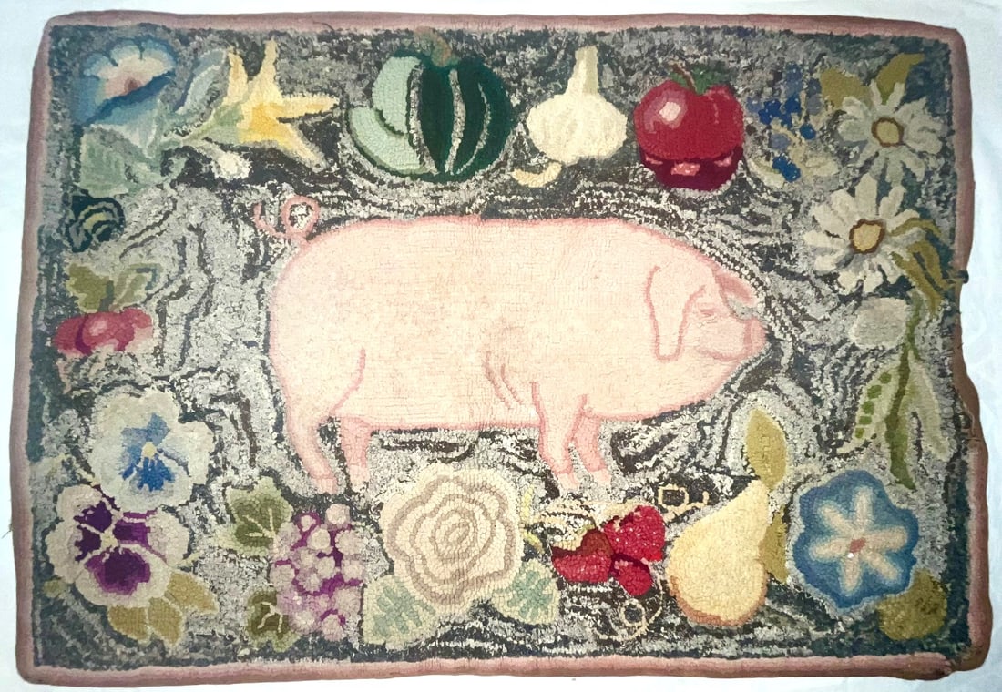 ANTIQUE FIGURAL HOOKED RUG WITH PIG, VEGETABLES & FLOWERS (1 of 7)