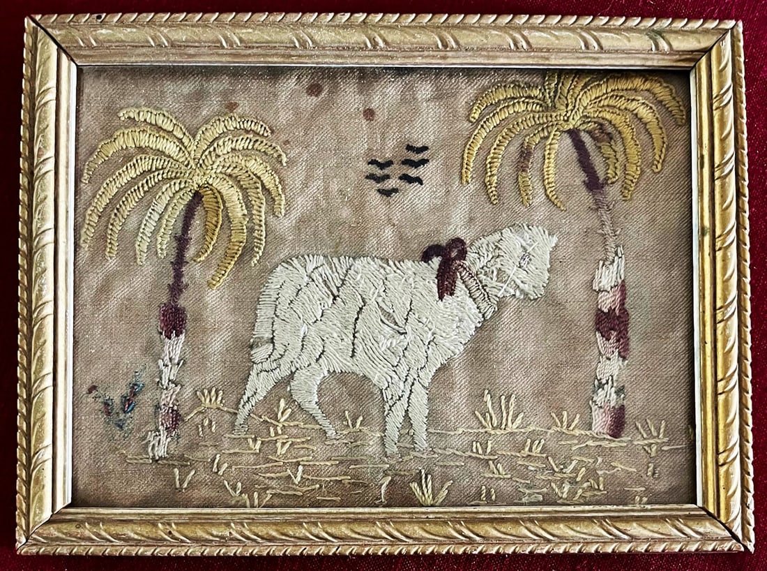 19TH C. FRAMED NEEDLEWORK OF A SHEEP IN GILT WOODEN FRAME (1 of 6)