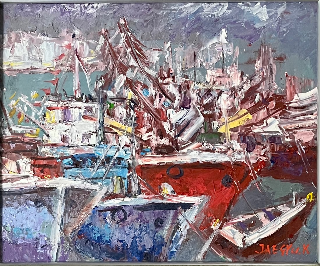 OIL PAINTING - HARBOUR / PORT SCENE BY KOREAN ARTIST KIM JAE-GYU (B. 1931) (1 of 8)