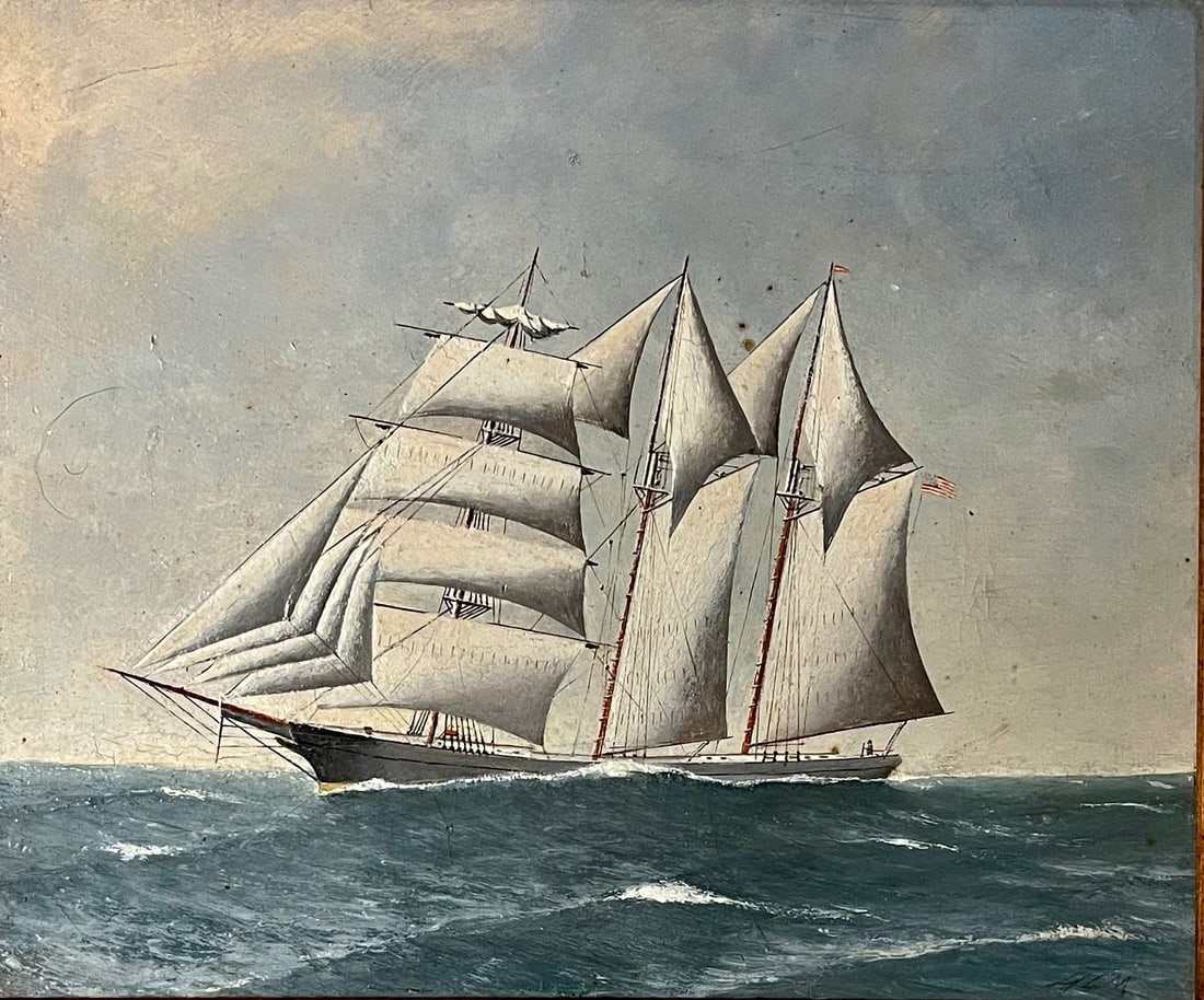 CLIPPER SHIP PAINTING BY H.L. MARSH BARNSTABLE MASS.: OIL PAINTING - CLIPPER SHIP ON THE OPEN SEAS SIGNED LOWER RIGHT "H.L.M." H.L. MARSH, BARNSTABLE MASS. - MEASURES APPROX. 21 1/4" WIDE X 18" HIGH