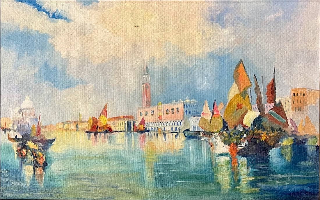 OIL ON CANVAS PAINTING - VENETIAN CANAL / CITY SCAPE INITIALED "E.L.W." (1 of 8)