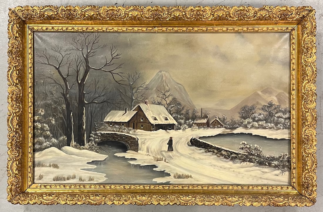 OIL ON CANVAS COUNTRY WINTER LANDSCAPE PAINTING - GILT FRAME (1 of 7)