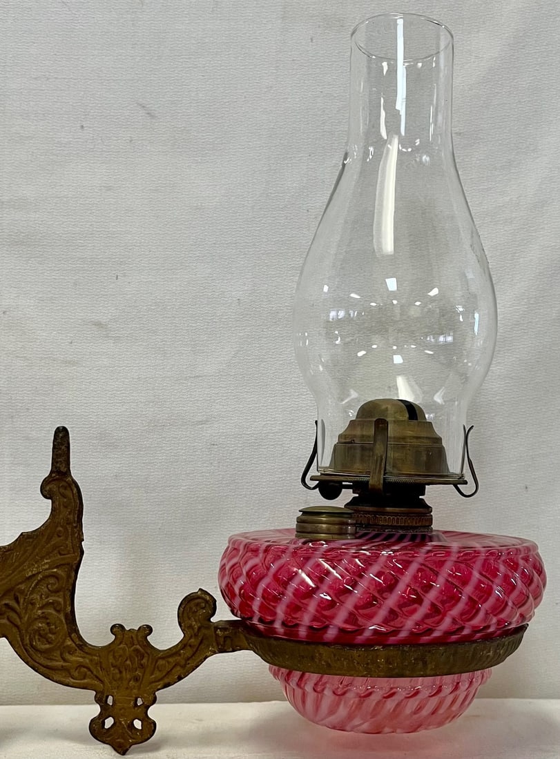 19TH C. VICTORIAN CRANBERRY OPALESCENT OIL LAMP WITH IRON BRACKET (1 of 11)