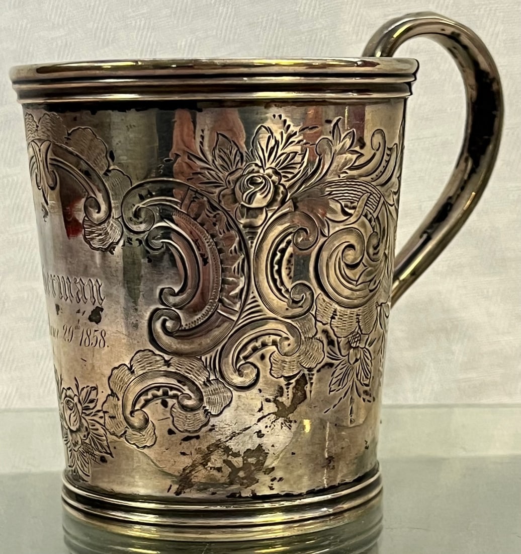 19TH C. ELABORATELY CHASED COIN SILVER MUG BOSTON - 4.17 OZS (1 of 10)