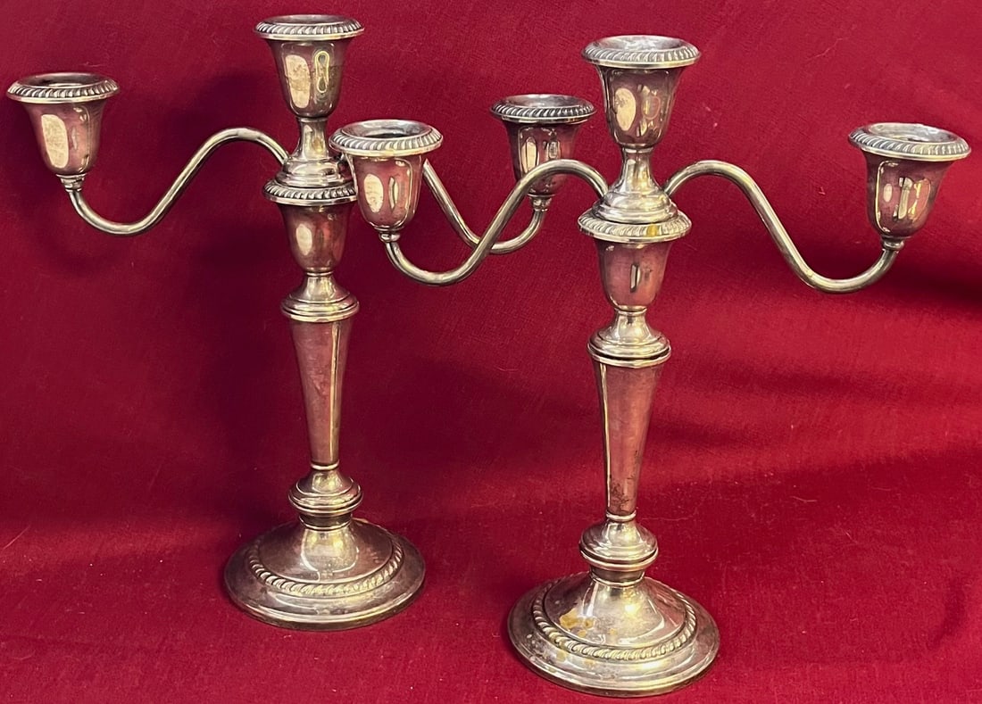 LG. PAIR STERLING SILVER 3 LIGHT CANDELABRA - WEIGHTED - 66.85 ozs (1 of 18)