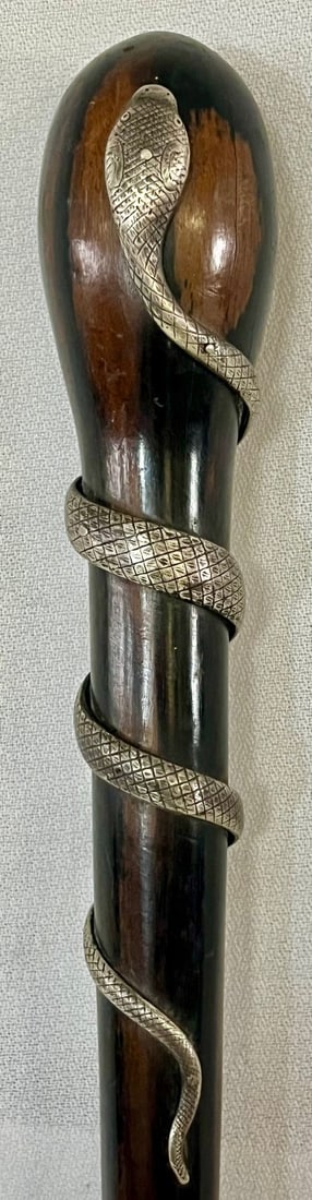 LIGNUM VITAE WALKING STICK WITH COILED SILVER SNAKE (1 of 8)