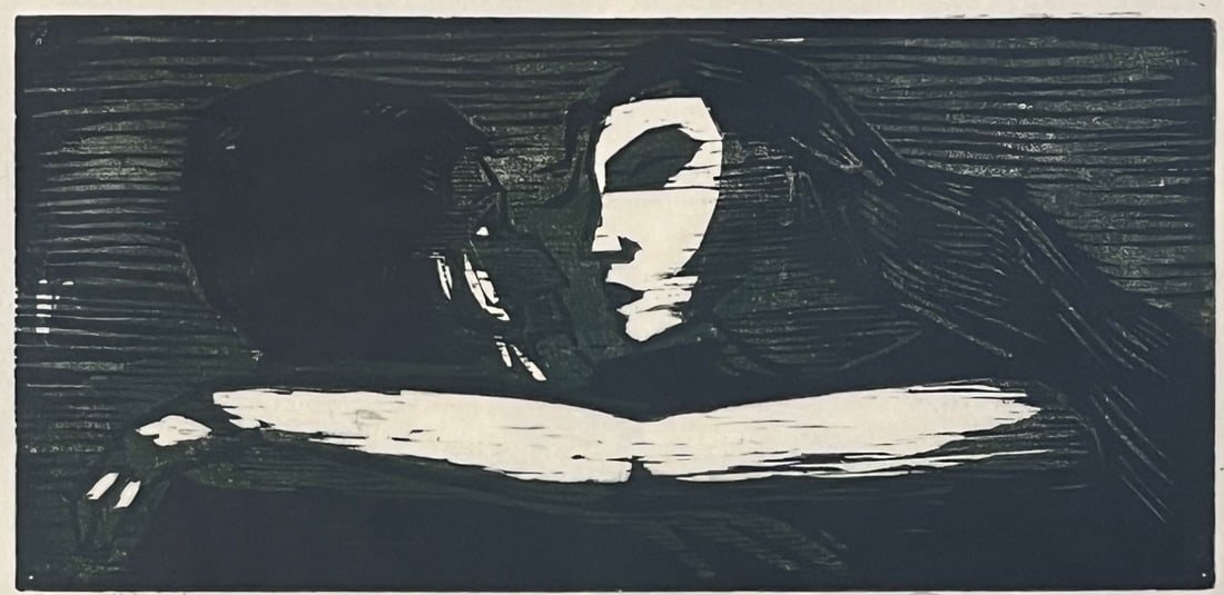 ARTIST PROOF WOODCUT "MANN UND FRAU (MAN & WIFE)" WERNER DREWES: ARTIST PROOF BLACK & GREEN WOODCUT "MANN UND FRAU (MAN & WIFE)" 1955 BY WERNER DREWES (GERMAN - AMERICAN, ACTIVE / LIVED IN NEW YORK, MISSOURI 1899-1985) ARTIST SIGNED, NUMBERED ETC. IN PENCIL, LABELE