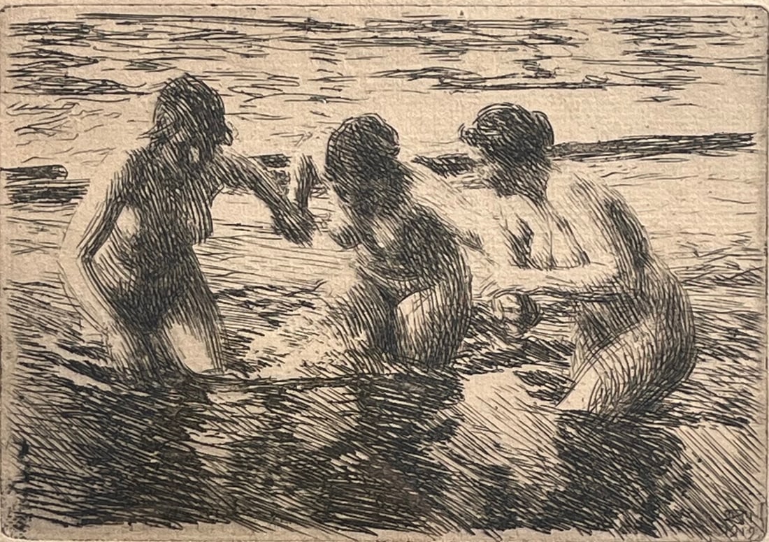 ETCHING 'AGAINST THE CURRENT' BY ANDERS ZORN (SWEDISH, 1860-1920): ETCHING ON CREAM LAID PAPER 'AGAINST THE CURRENT' 3 NUDE BATHING FEMALES BY ANDERS ZORN 1919 (SWEDISH, 1860-1920) ARTIST SIGNED IN PENCIL - FRAME MEASURES APPROX. 16" W X 15 1/4" H