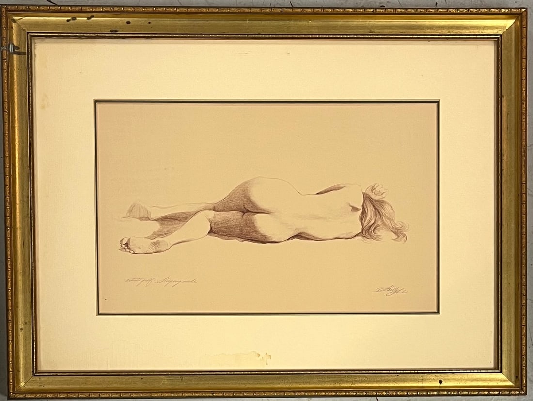 ARTIST PROOF "SLEEPING NUDE" BY SHELDON (SHELLY) FINK (1925-2002): FRAMED ARTIST PROOF LITHOGRAPH "SLEEPING NUDE" BY SHELDON (SHELLY) FINK (1925-2002) - ARTIST SIGNED AND TITLED IN PENCIL - FRAME MEASURES APPROX. 23 1/2" W X 17" H