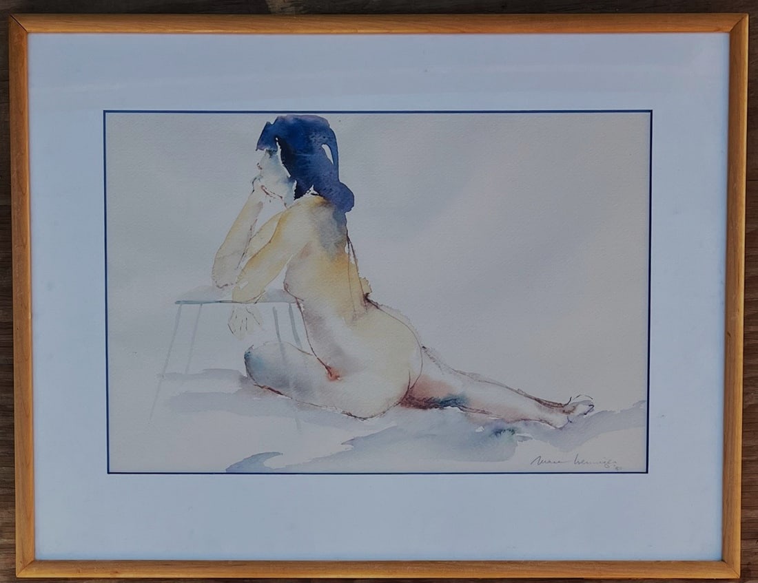 FRAMED WATERCOLOR PAINTING NUDE FEMALE BY MARY WENNIGER: FRAMED WATERCOLOR PAINTING OF A NUDE FEMALE BY MARY ANN DE BUY WENNIGER (20TH CENTURY) DATED 1980 - ARTIST SIGNED IN PENCIL "MARY WENNIGER" - FRAME MEASURES APPROX. 23 1/4" W X 17 1/4"