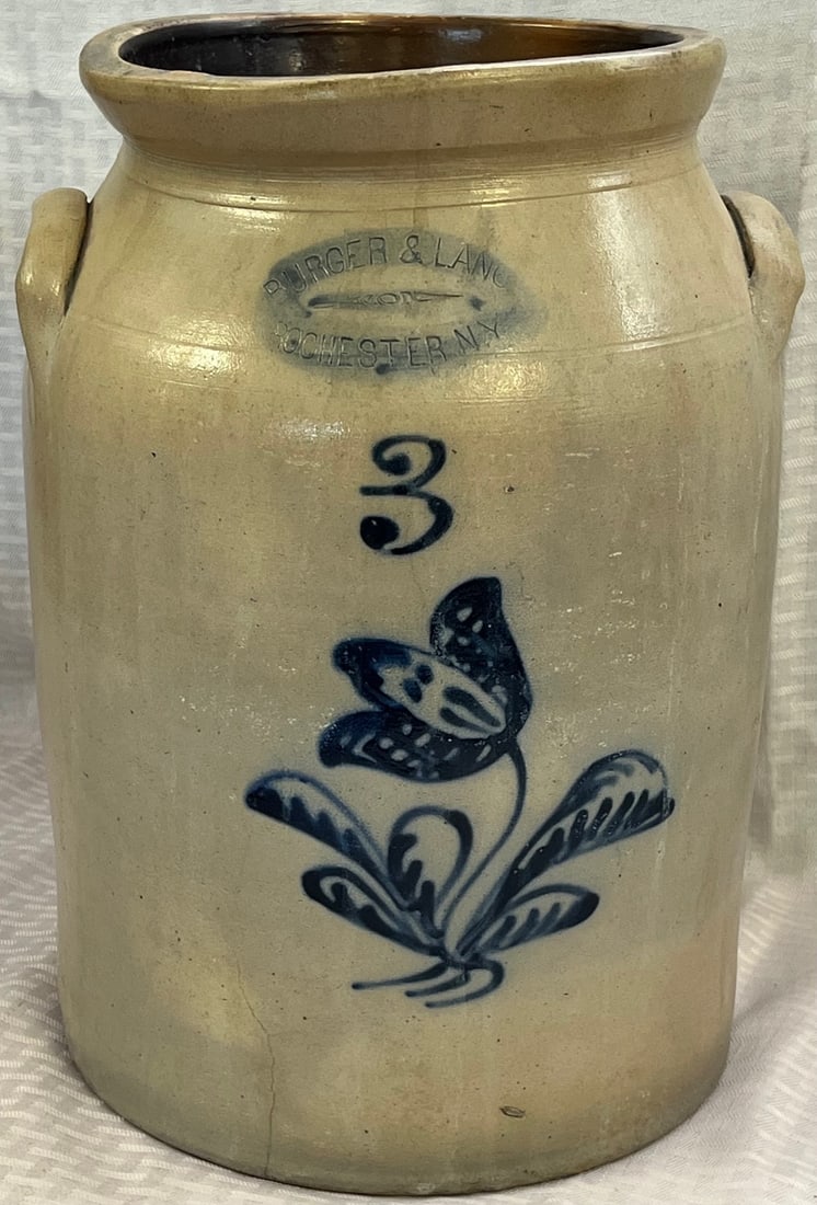 19TH C. 3 GAL. BLUE DECORATED STONEWARE JAR "BURGER & LANG" (1 of 10)