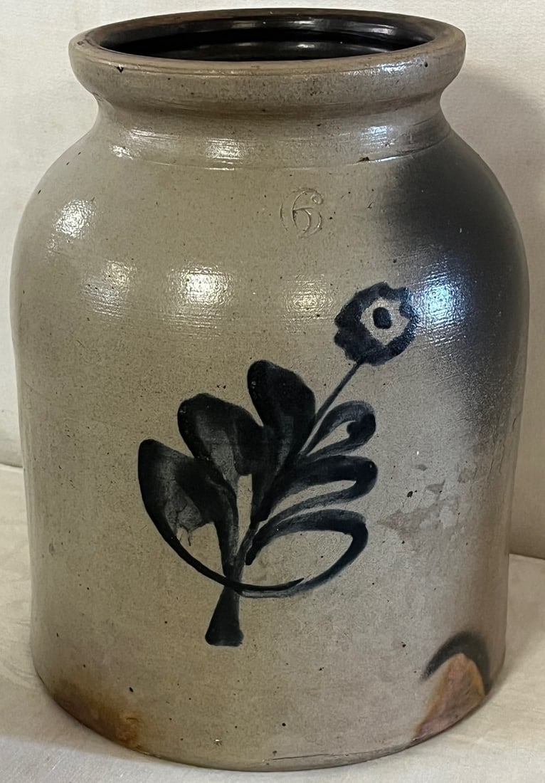 19TH C. 1 1/2 GAL. BLUE DECORATED STONEWARE JAR W/ FLOWER (1 of 10)