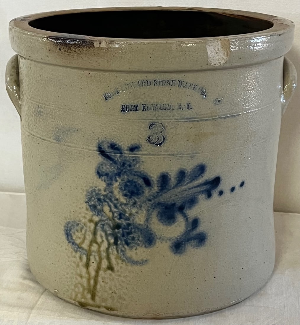 19TH C. 3 GAL. BLUE DECORATED STONEWARE CROCK - "FORT EDWARD, N.Y." (1 of 10)