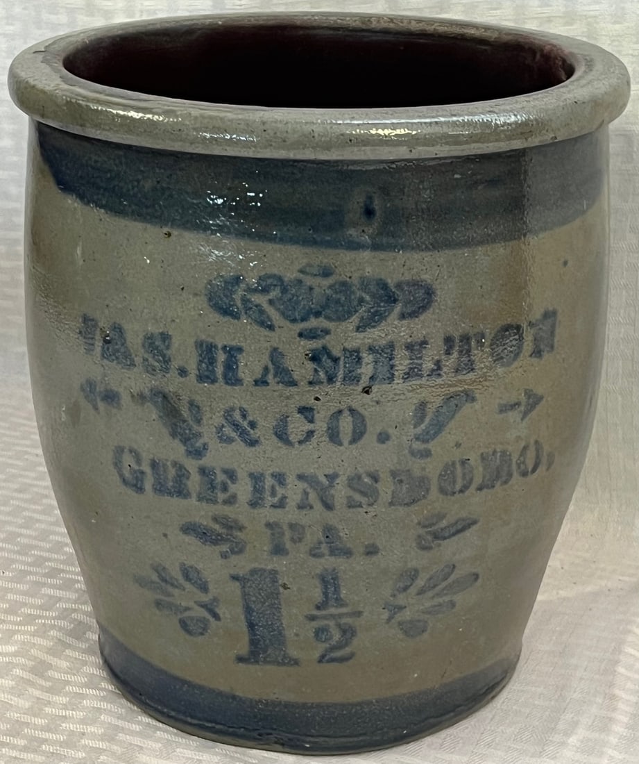 19TH C. BLUE STENCILED 1 1/2 GAL. GREENSBORO, PA. CROCK (1 of 9)