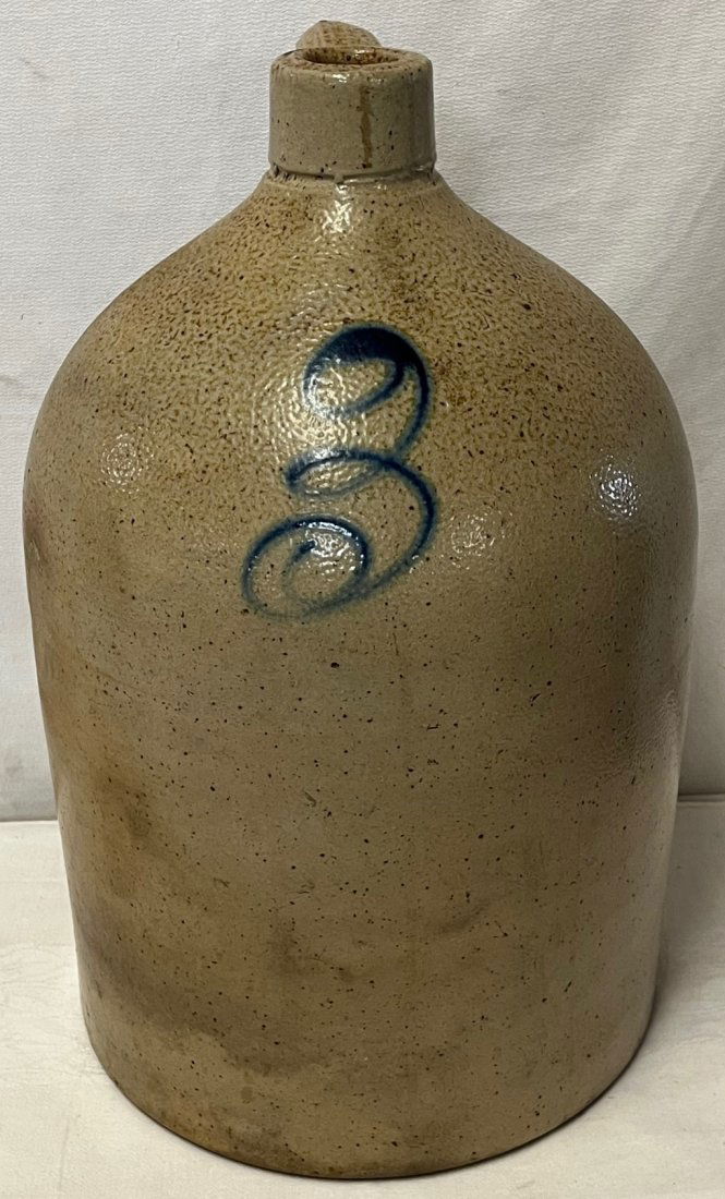 ANTIQUE 3 GAL. STONEWARE JUG WITH BLUE "3" (1 of 8)