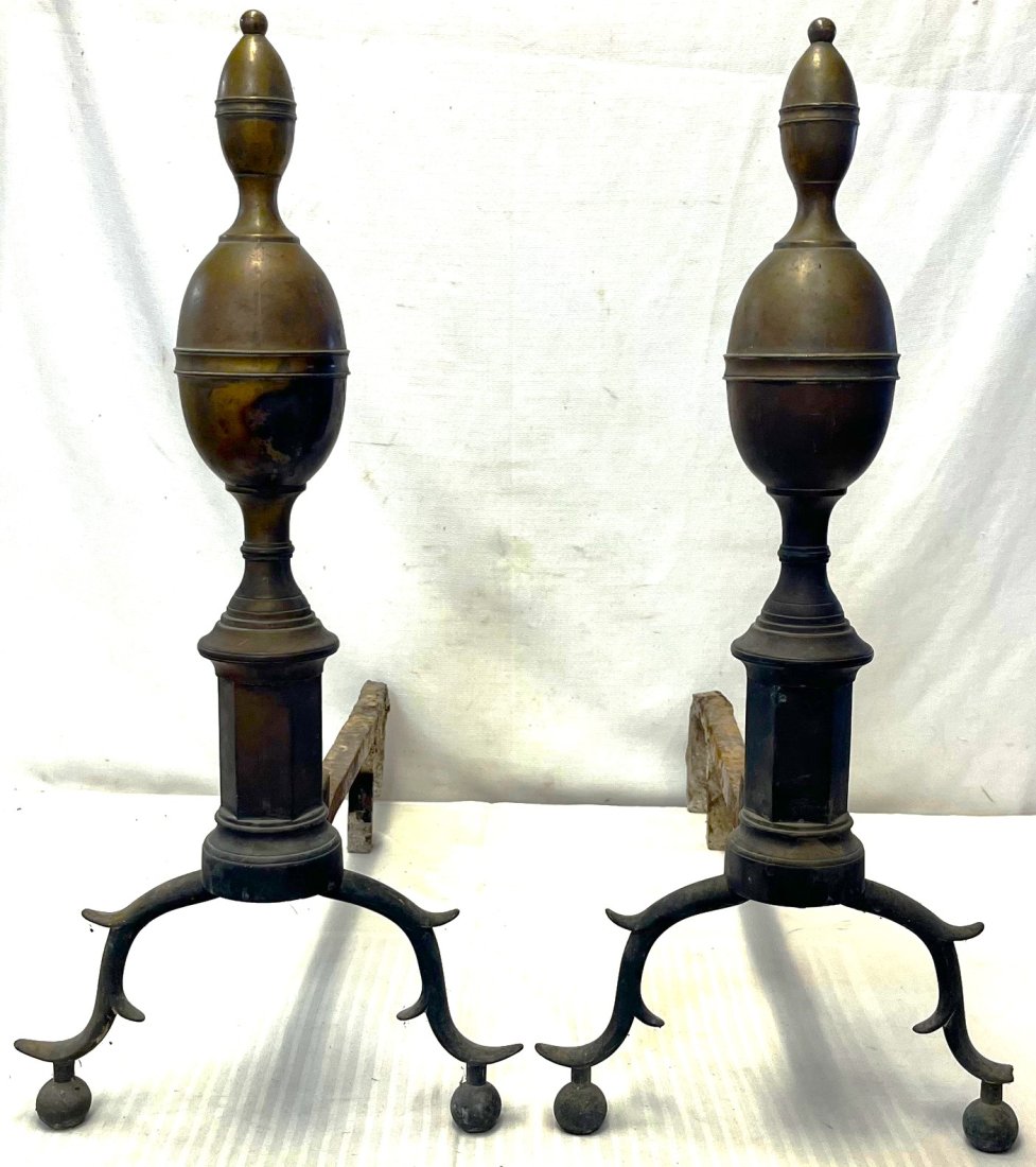 PAIR AMERICAN FEDERAL PERIOD BRASS LEMON TOP ANDIRONS (1 of 14)