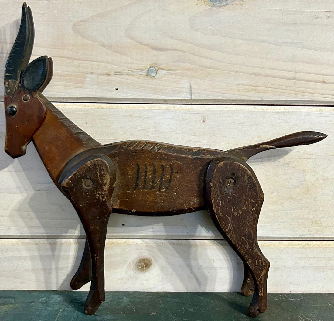 CARVED & JOINTED WOODEN FOLKART ANTELOPE IN ORIGINAL SURFACE (1 of 13)