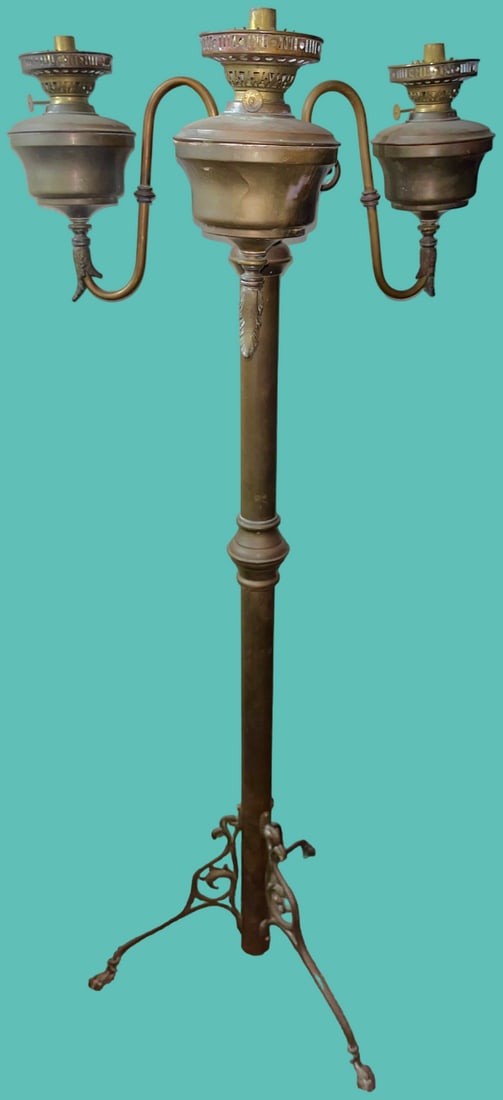 UNUSUAL ANTIQUE BRASS 3 ARM / LIGHT FLOOR LAMP / PIANO LAMP (1 of 6)
