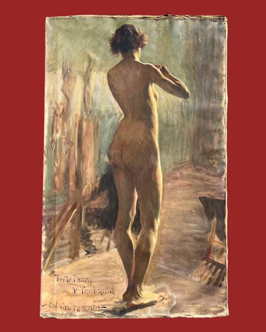 CHARLES WEBSTER HAWTHORNE (1872-1930) O/C FULL NUDE PORTRAIT: CHARLES WEBSTER HAWTHORNE (1872-1930, ACTIVE LIVED IN MASSACHUSETTS, NEW YORK) OIL ON CANVAS FULL LENGTH NUDE PORTRAIT OF A YOUNG WOMAN ON ORIGINAL STRETCHER - ARTIST SIGNED AND PRESENTED TO IN LOWER