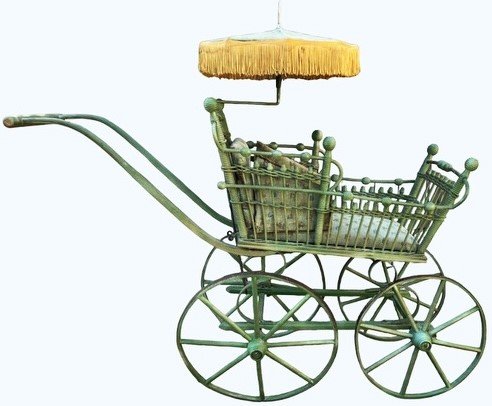 19TH C. VICTORIAN WICKER STICK & BALL BABY BUGGY W/ PARASOL (1 of 8)