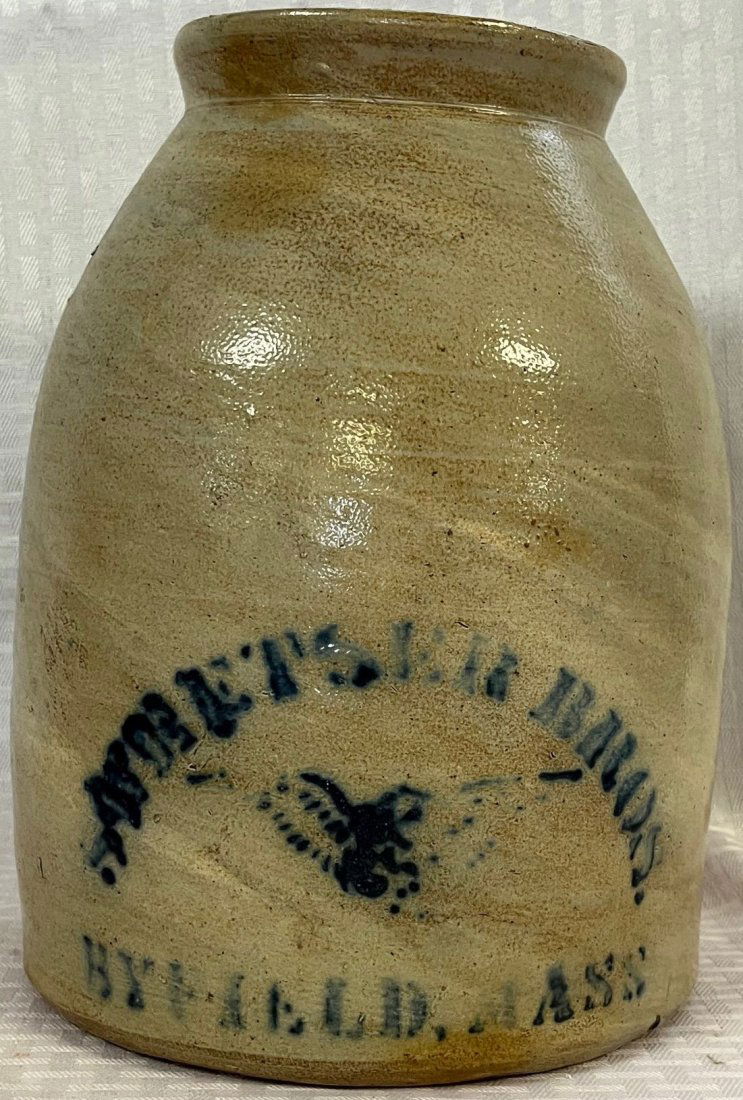 19TH C. BLUE DECORATED STONEWARE SNUFF JAR - "SWEETSER BROS. MASS" (1 of 14)
