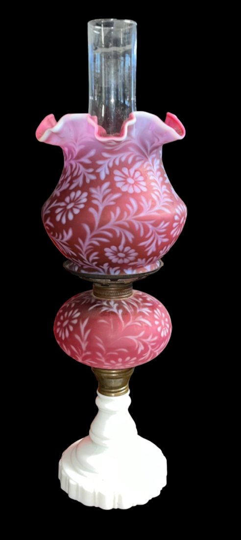 L.G. WRIGHT / FENTON CRANBERRY OPALESCENT OIL LAMP (1 of 6)