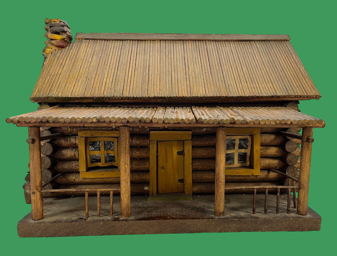 VINTAGE FOLKART LOG CABIN W/ STONE CHIMNEY (1 of 7)