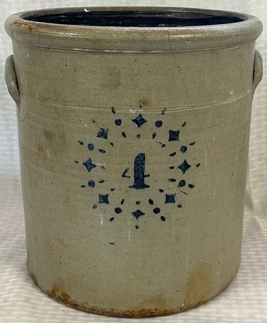 19TH C. 4 GALLON BLUE DECORATED STONEWARE CROCK (1 of 13)