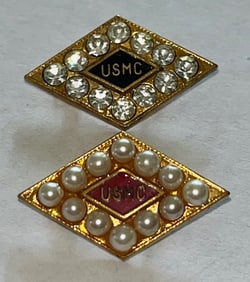 2 SMALL USMC PINS WITH ENAMELED CENTERS