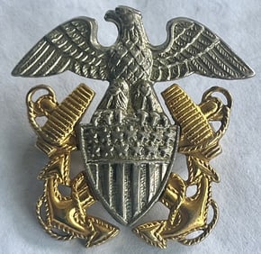 WWII ERA STERLING SILVER & GOLD FILLED U.S. NAVY CAP BADGE / PIN