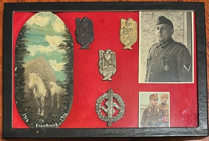 WWI / WWII MILITARY GROUPING OF 7 ITEMS IN DISPLAY CASE