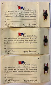 LOT OF 3 WWII ARMY NAVY PRODUCTION AWARD EMBLUM ON ORIG. CARD