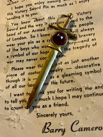 WWII GOLD TONE RED RHINESTONE SWORD BROOCH ON ORIG. CARD