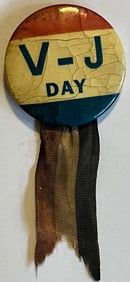 V-J DAY VICTORY IN JAPAN DAY AUGUST 14, 1945 PIN W/ RIBBON