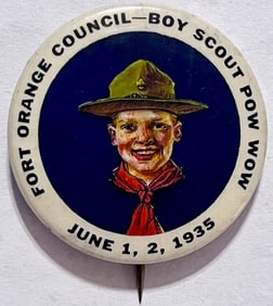 VINTAGE BOYSCOUT "POW WOW" BUTTON - FORT ORANGECOUNCIL 1935