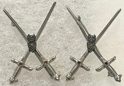 LOT OF 2 STERLING SILVER CROSS SWORDS W/ EAGLE & CREST MILITARY PINS