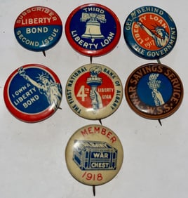 LOT OF 7 WWI WAR BONDS, WAR CHEST PIN BACK BUTTONS