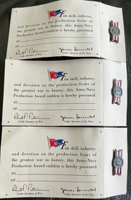 LOT OF 3 WWII ARMY NAVY PRODUCTION AWARD EMBLUM ON ORIG. CARD