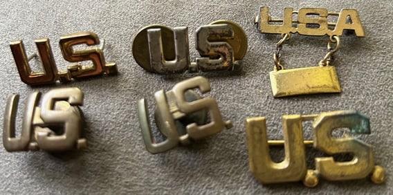 LOT OF 6 WWII U.S. BRASS COLLAR INSIGNIA PINS & U.S.A. BROOCH / PIN