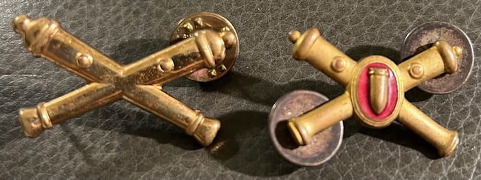 LOT OF 2 WWII COASTAL ARTILLERY OFFICER'S INSIGNIA COLLAR LAPEL PINS