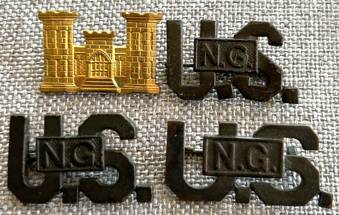 LOT OF 4 WWI U.S. MILITARY PINS: LOT OF 4 WWI U.S. MILITARY PINS - ARMY ENGINEER BRANCH INSIGNIA PIN, 3 U.S. ARMY OFFICER NATIONAL GUARD PINS