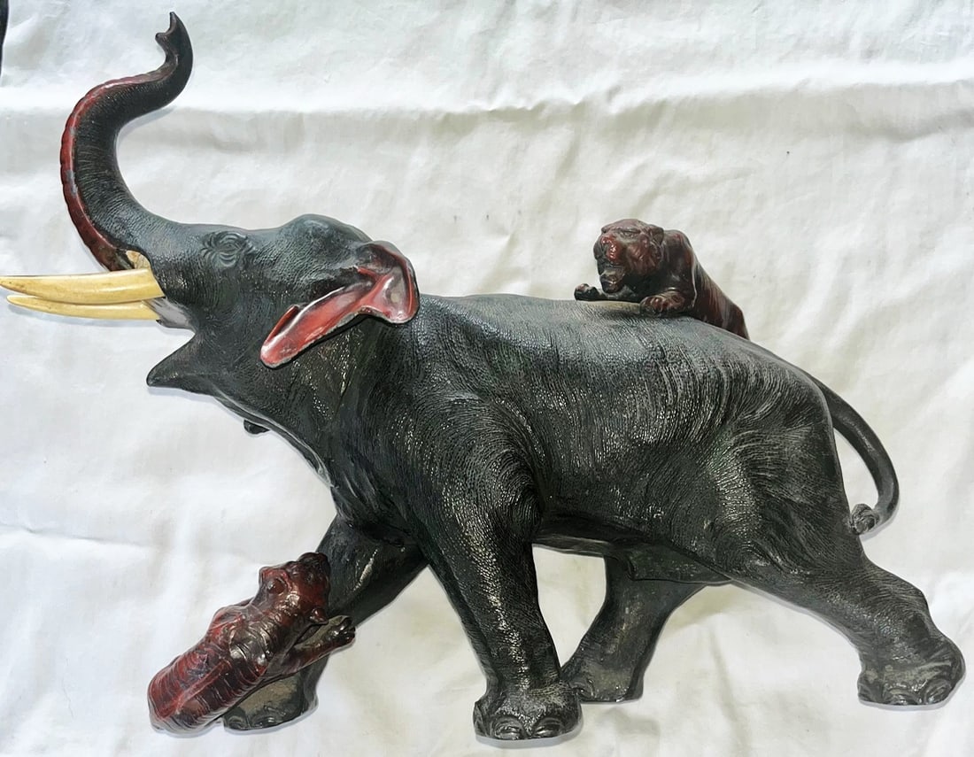 JAPANESE SCULPTURE OF ELEPHANT BEING ATTACKED BY TIGERS (1 of 12)