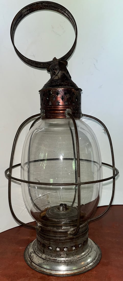 19TH C. AMERICAN TOLEWARE WHALE OIL LANTERN: 19TH C. AMERICAN TOLEWARE WHALE OIL LANTERN WITH 'CAGE' AND GLASS GLOBE - APPROX. 17" HIGH TO TOP OF HANDLE RING, APPROX. 7" WIDE
