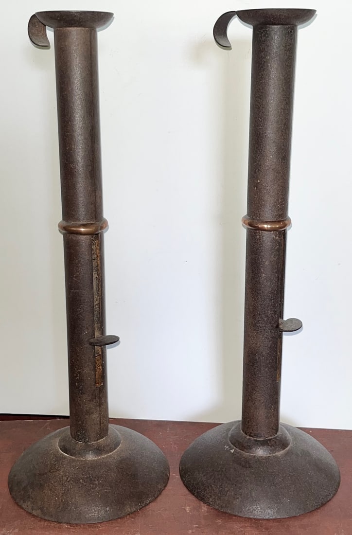 LG. PR. 19TH C. WEDDING BAND HOG SCRAPER PUSH UP CANDLESTICKS - 14" HIGH! (1 of 10)