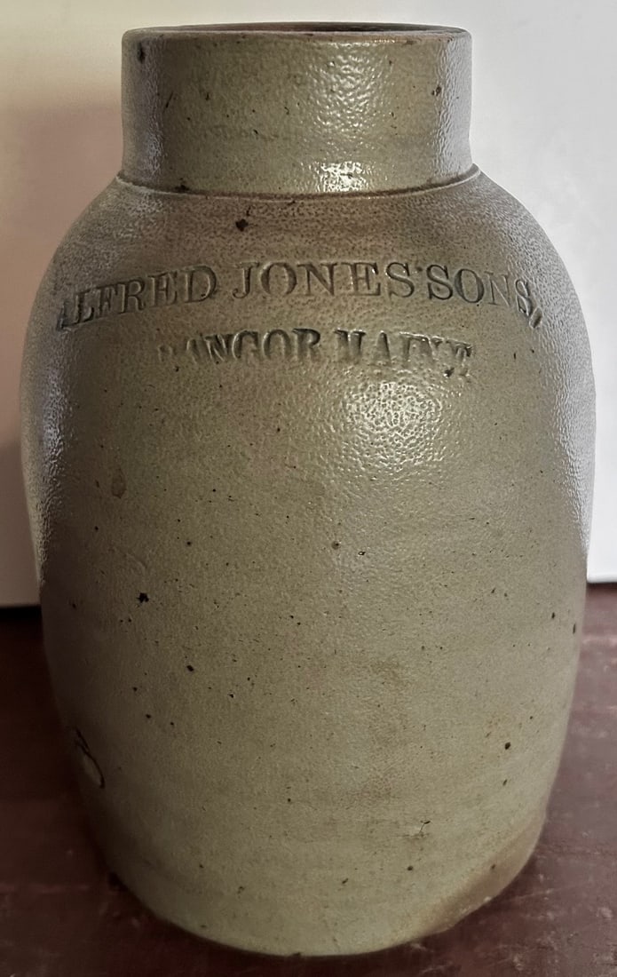 19TH C. SALTGLAZE STONEWARE OYSTER JAR "ALFRED JONES SONS BANGOR MAINE" (1 of 7)