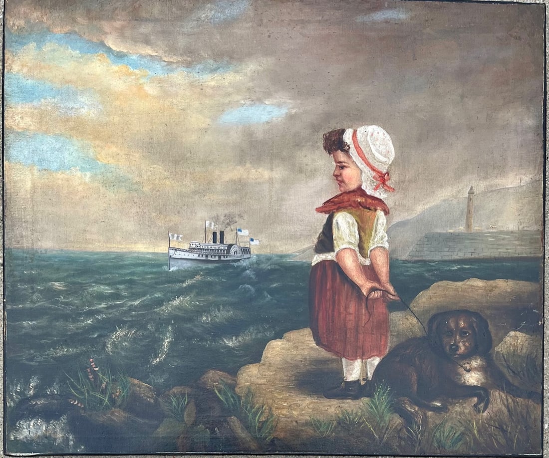 19TH C. FOLKART PAINTING - SEASCAPE WITH PADDLE WHEELER, CHILD, DOG (1 of 10)