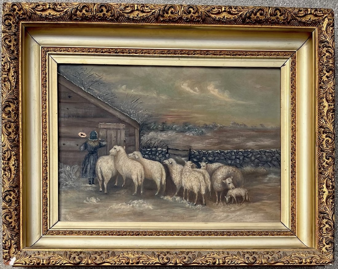 19TH C. OIL ON CANVAS SHEEP PAINTING IN ELABORATE GOLD GILT FRAME (1 of 13)