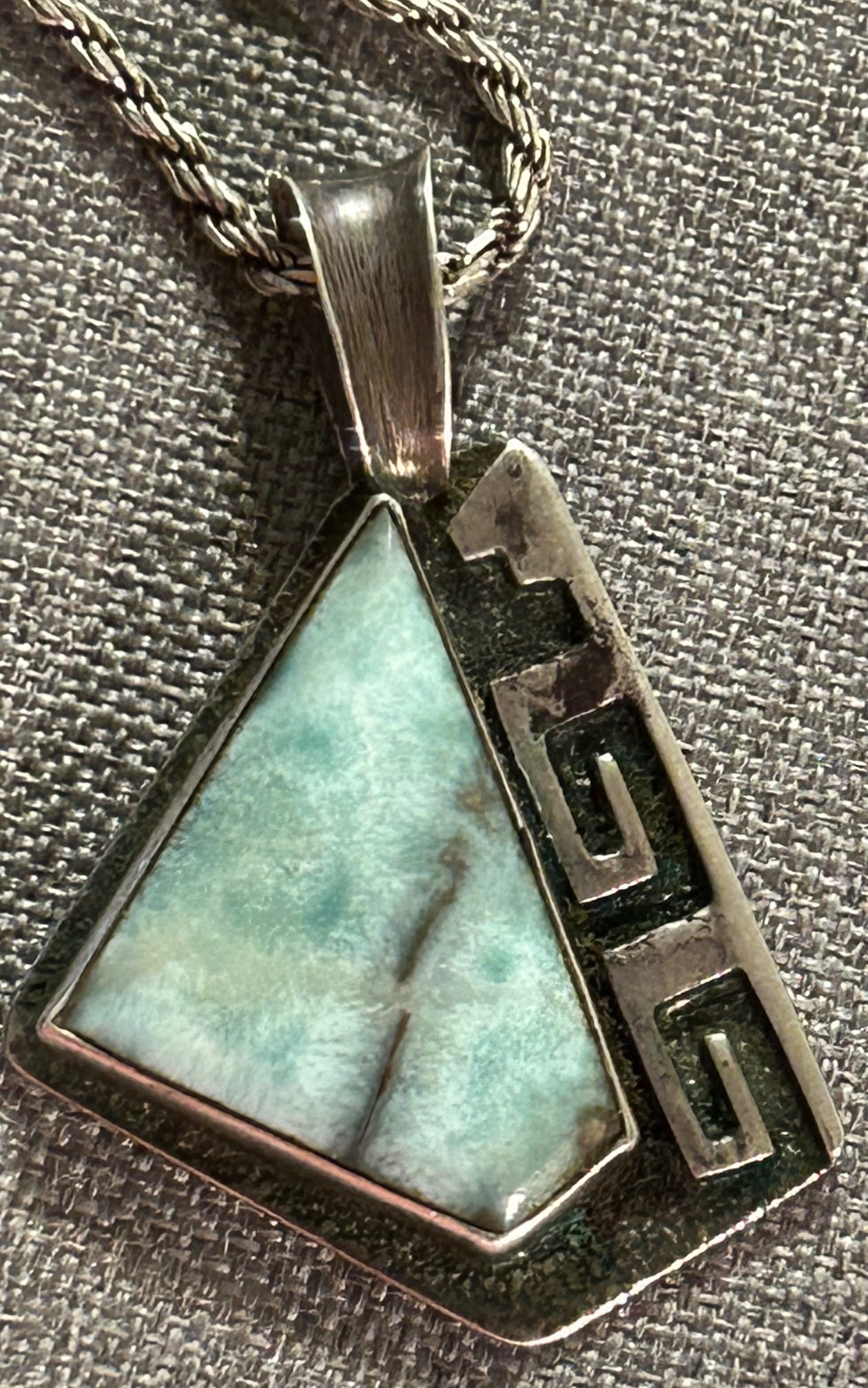 STERLING & TURQUOISE NATIVE AMERICAN PENDANT BY HENRY ROSETTA: STERLING & TURQUOISE NATIVE AMERICAN GEOMETRIC PENDANT BY HENRY ROSETTA, SANTO DOMINGO PUEBLO KE-WA U.S.A., WITH STERLING CHAIN - STAMPED ON REVERSE OF PENDANT "HR" AND "STERLING"