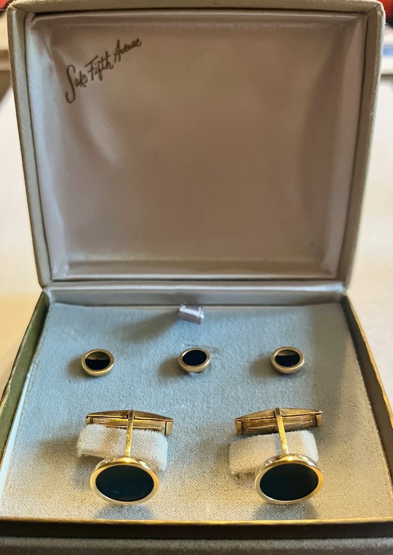 PR. VINTAGE 14K YELLOW GOLD & ONYX CUFF LINKS & 3 MATCHING STUDS (1 of 9)